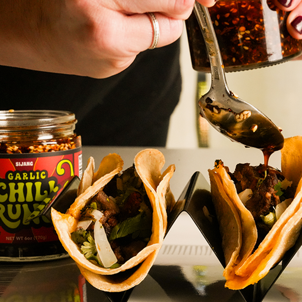 tacos with sijang chili crunch